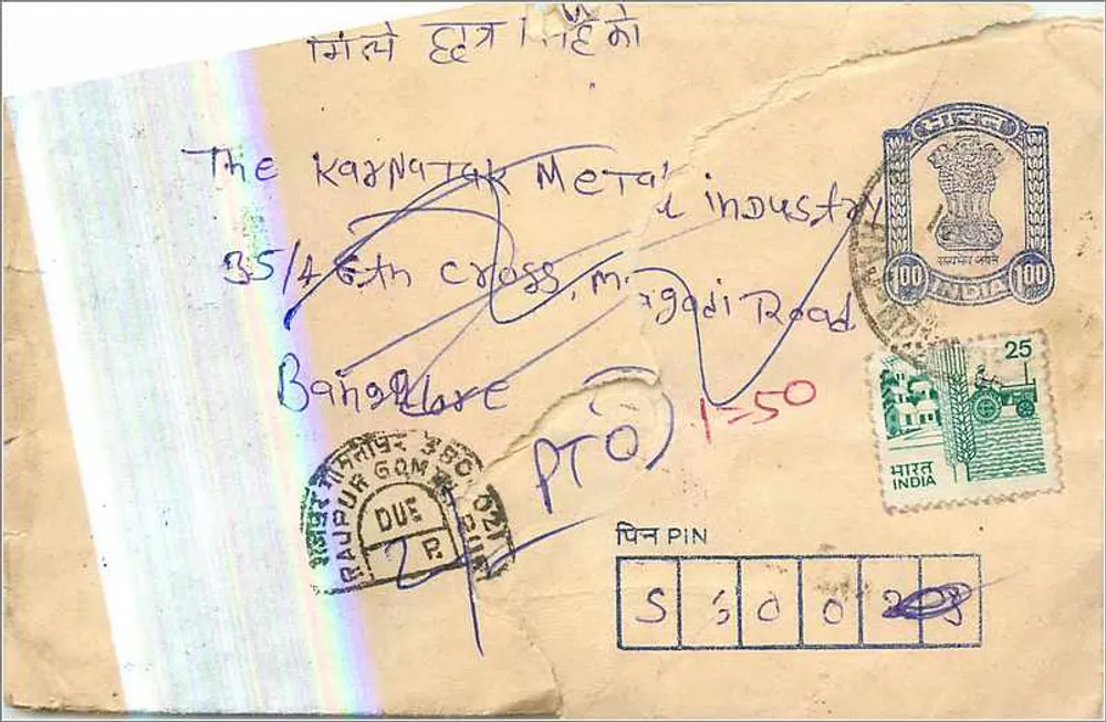 Carta postal à indústria siderúrgica de Karnataka — Raipur Gom, Índia - Frente