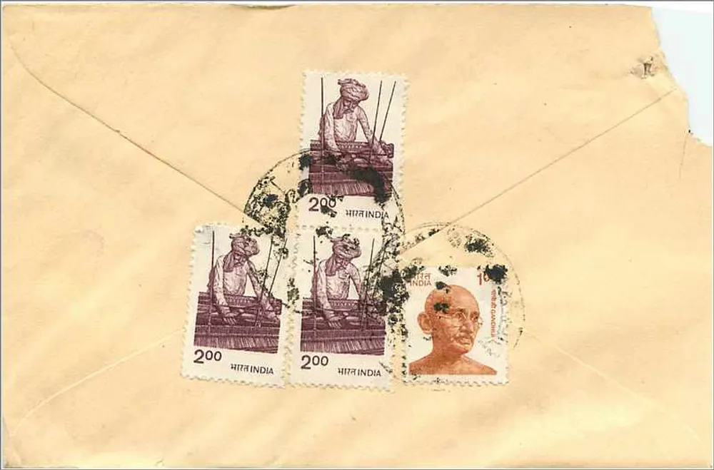 Indische Ansichtskarte — Bageri — Stempel mit Gandhi und Arbeitern — Verlag nicht sichtbar - Rückseite