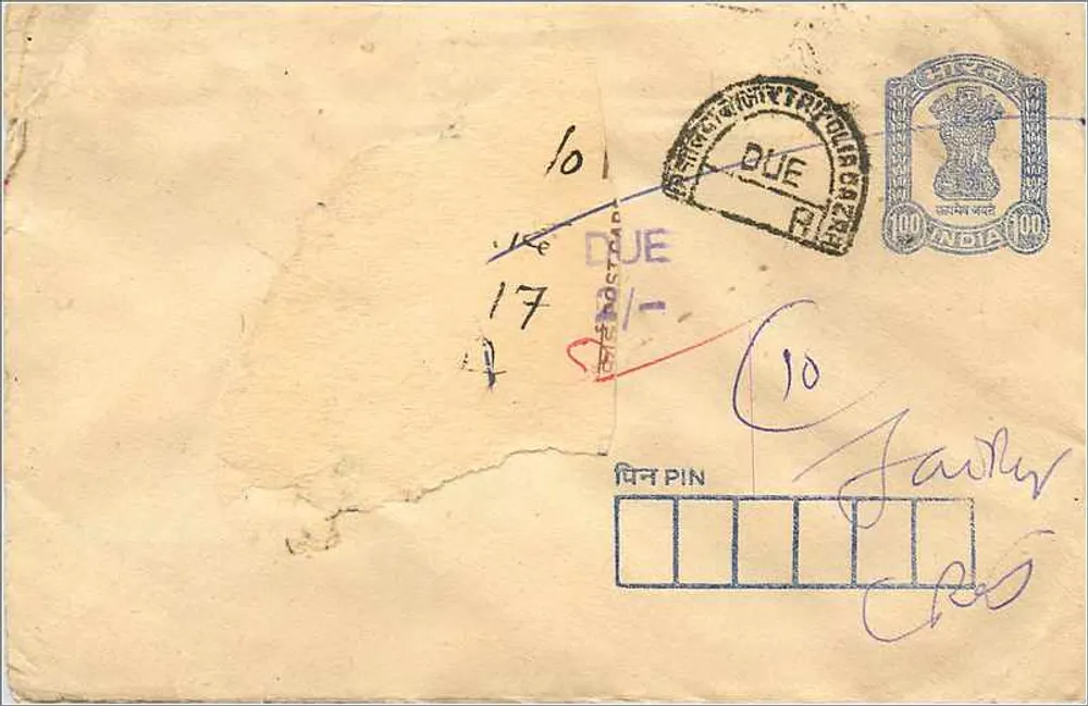 Carta postal indiana — selo de 100 roupias — carimbo postal de Calcutta - Frente