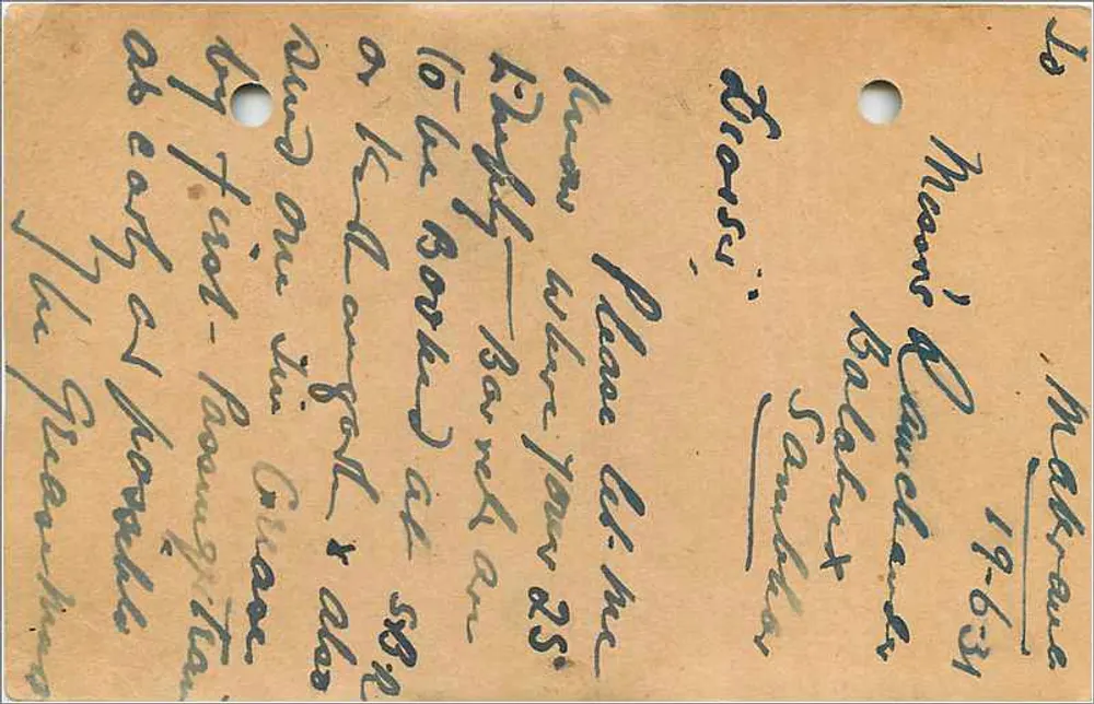 Gwalior, Índia — cartão postal datado 1931 — editor Gwalior, selo ½ anna - Verso