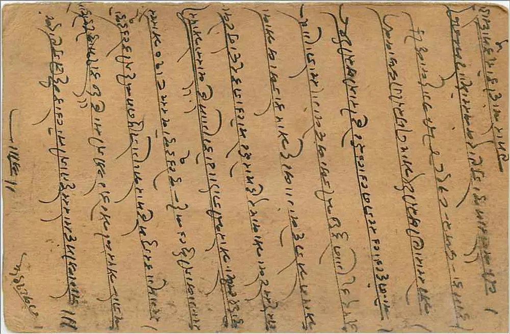 Carta postal indiana — texto em escrita devanagari — editor 'THE AMERICAN CARD IS INTENDED FOR THE EDITOR' — selo 'INDIA POSTAGE' e carimbo 'GHALIOR' datado 20 AOUT 29 - Verso