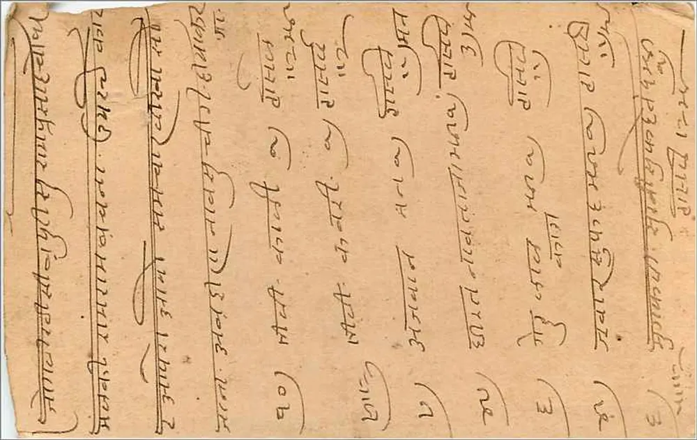 Carta postal indiana — Gwalior — texto em escrita devanagari — selo 12 p. n. — carimbo Beawar - Verso