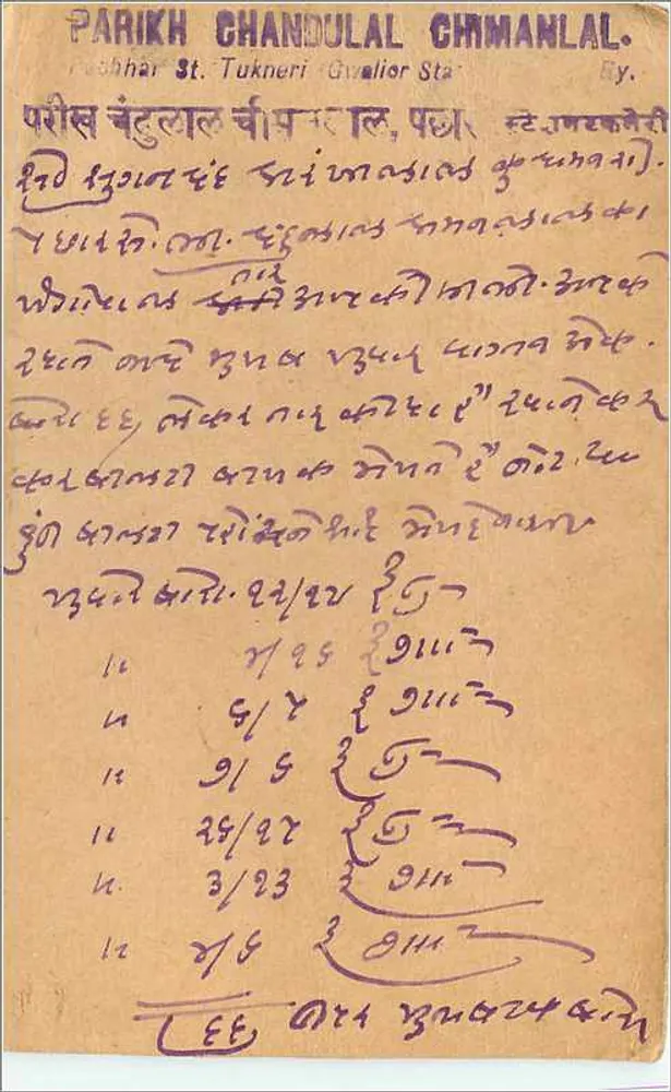 Carta postal indiana — Gwalior — editor Parikh Chandulal Chimanlal - Verso