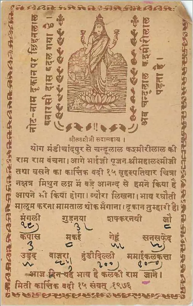 Déesse hindoue — illustration et texte sacré — carte postale indienne, éditée à Srimour (Sri Mahendrapur) en 1919 - Verso