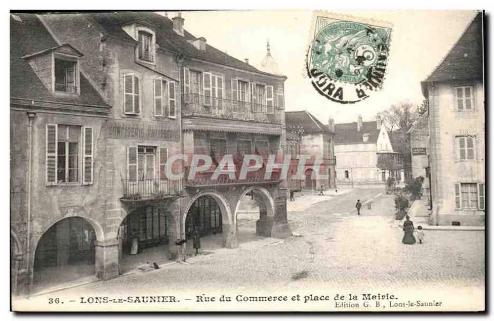 LONS-LE-SAUNIER — Rue du Commerce und Place de la Mairie — Edition G. B., Lons-le-Saunier - Vorderseite