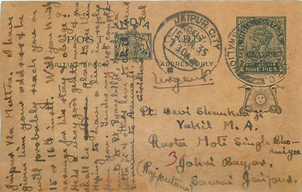 Jaipur — Carta postal com selo de 9 pices — editor Gwalior - Frente