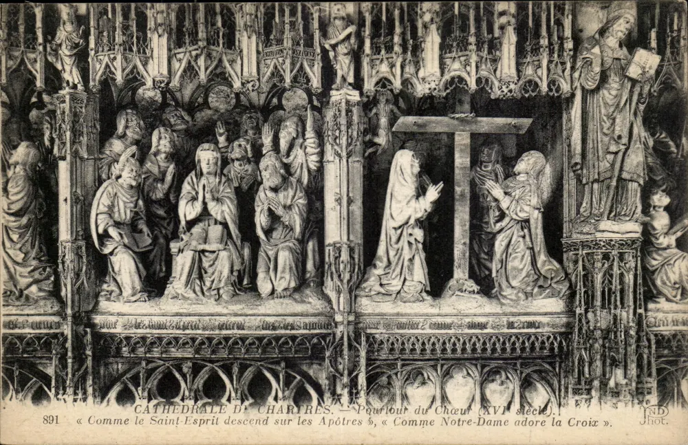 Kathedrale von Chartres — Balken des Chors (16. Jahrhundert) — « Wie der Heilige Geist auf die Apostel herabkam » und « Wie Notre-Dame die Kreuzes adoriert » — ND Phot. - Vorderseite