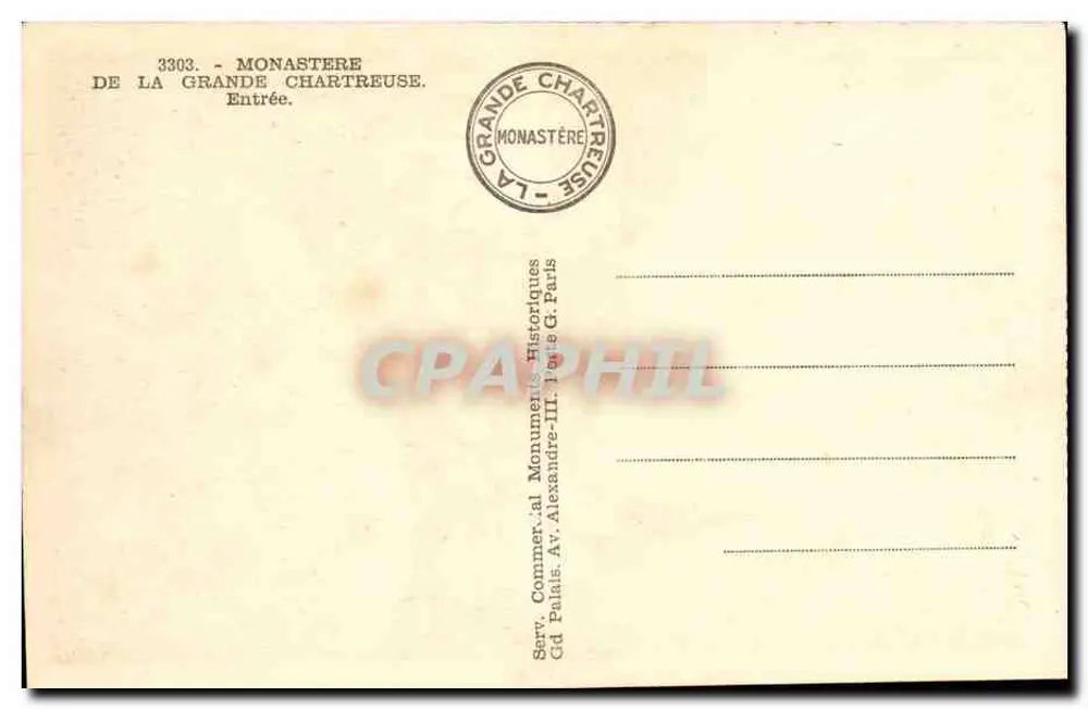 Mosteiro da Grande Chartreuse — Entrada — Serv. Commer. al Monuments Historiques, Gd Palais, Paris - Verso