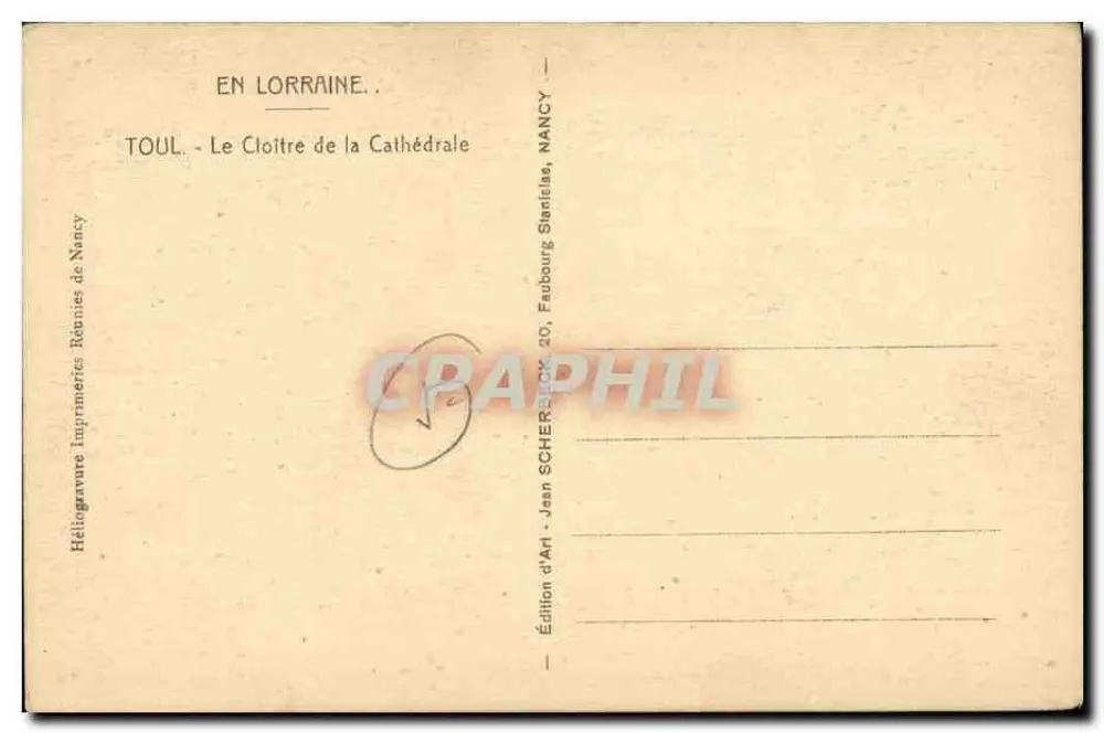 TOUL - O Cloître da Catedral — Em Lorraine — Edição Jean Scherbeck, Nancy - Verso