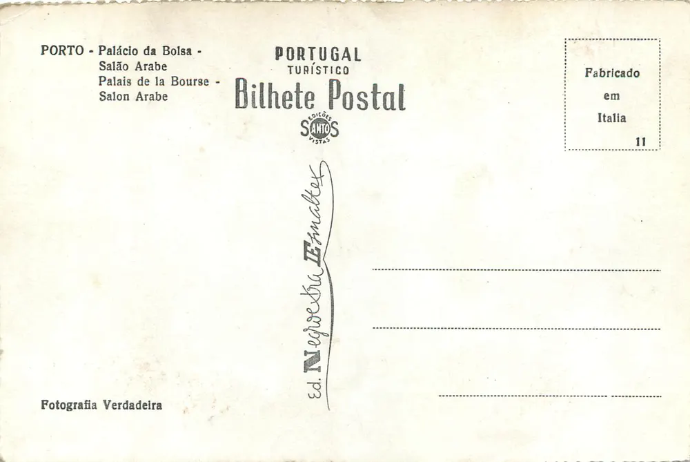 Porto - Palácio da Bolsa - Salão Árabe — Bilhete Postal Turístico n°11, éd. Santo - Verso