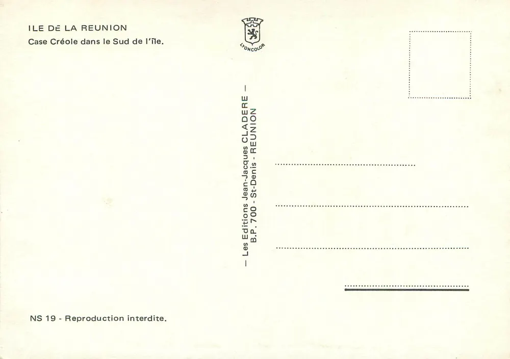Case Créole dans le Sud de l'île — Ile de La Réunion — Éditions Jean-Jacques Cladère, NS 19 - Verso