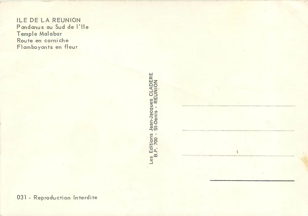 Ile de La Réunion — Pandanus au Sud de l'île, Temple Malabar, Route en corniche, Flamboyants en fleur — Les Éditions Jean-Jacques Cladère - Verso