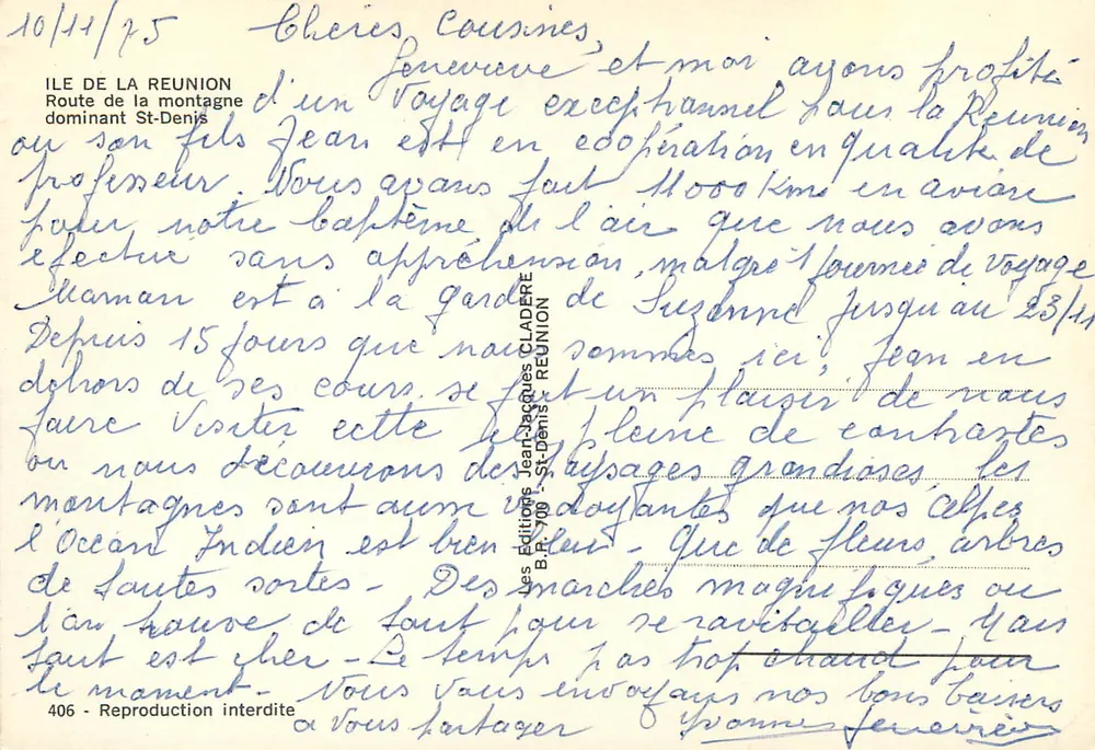 Ausblick auf die Bergstraße über Saint-Denis — Insel La Réunion — Éditions Jean-Jacques Claderé, n°406 - Rückseite