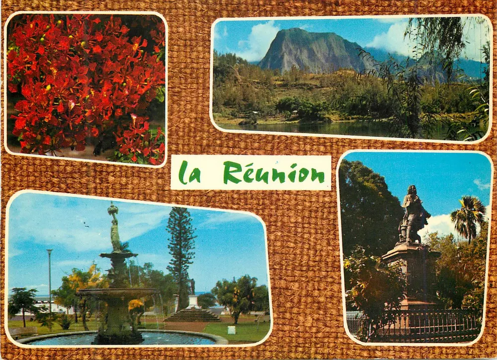 La Réunion — Blüten der Flamboyants, Berg, Brunnen, Statue — Éditions Jean-Jacques Cladère - Vorderseite