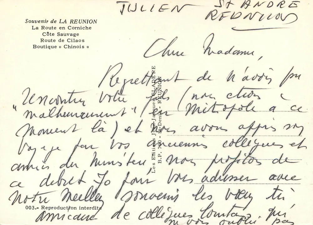 La Route en Corniche — Côte Sauvage — Côte de Cilaos — Boutique « Chinois » — Souvenir de la Réunion - Verso
