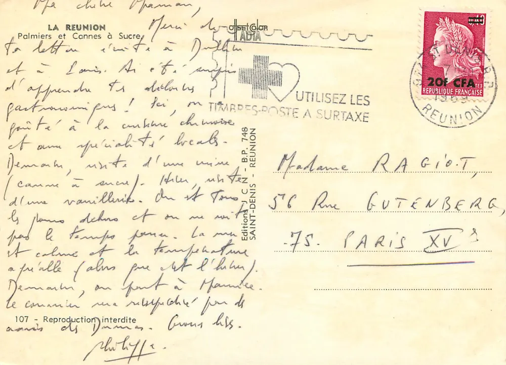 Palmiers et Canne à Sucre — La Réunion — Édition J.C. Denys, n°107 - Verso