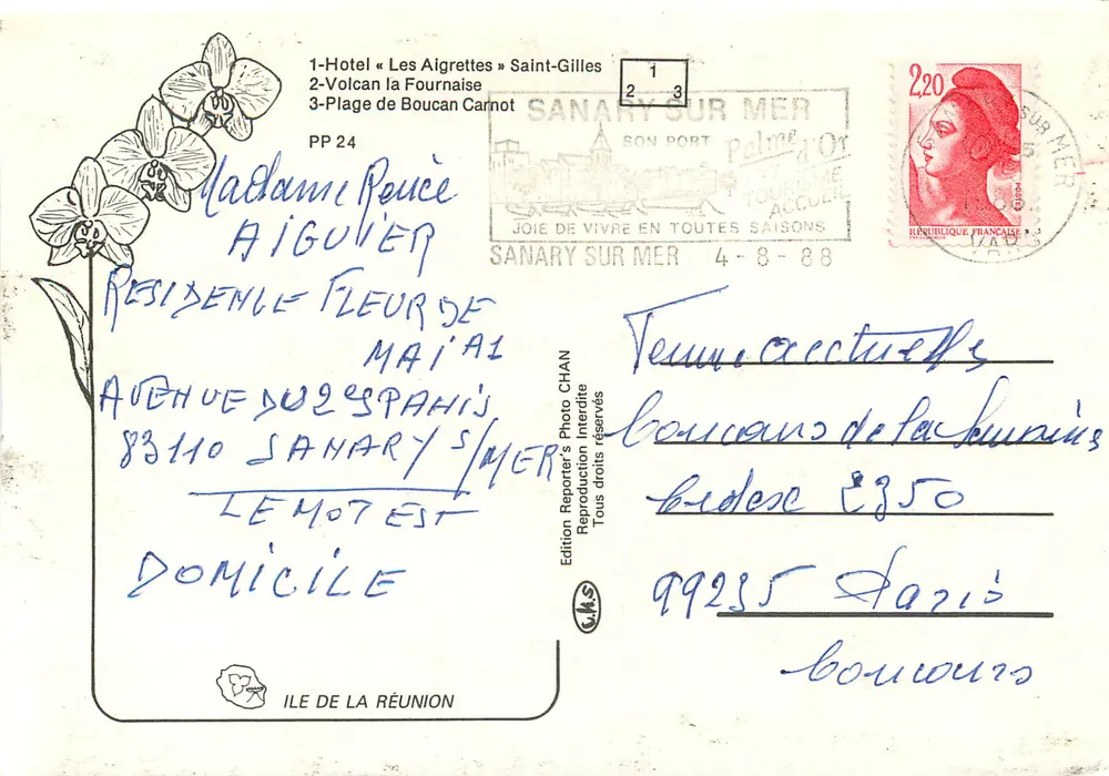 Hôtel Les Aigrettes — Volcan la Fournaise — Plage de Boucan Carnot — Sanary-sur-Mer - Verso