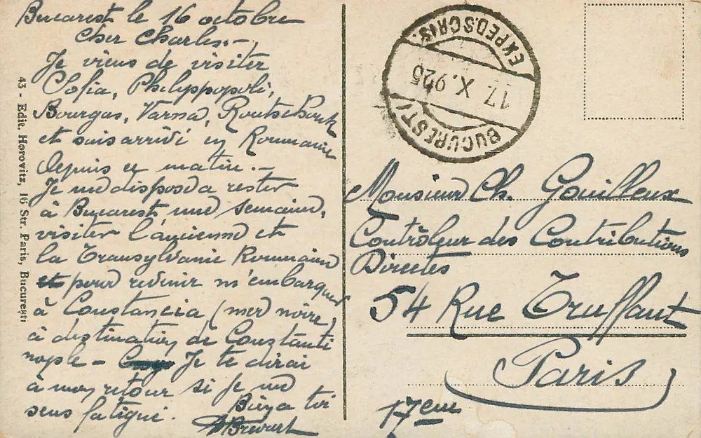 Bucareste - Bulevardul Elisabeta — vista da rua com trem e pedestres — editor Herovitz, n° 95724 - Verso