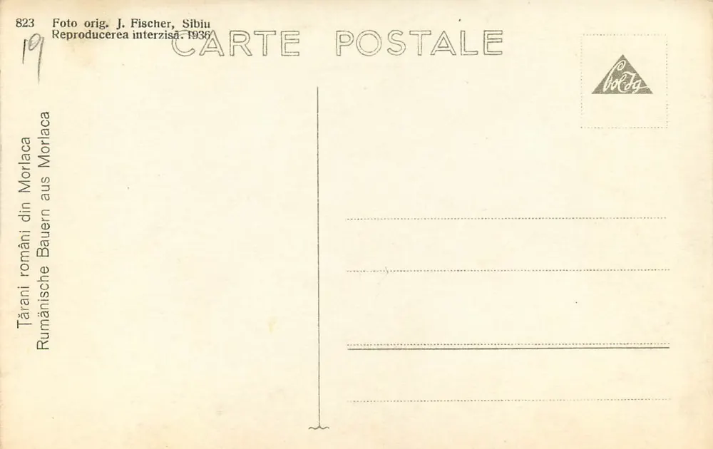 Tăranî români din Morlaca — Foto orig. J. Fischer, Sibiu — n° 823 - Verso