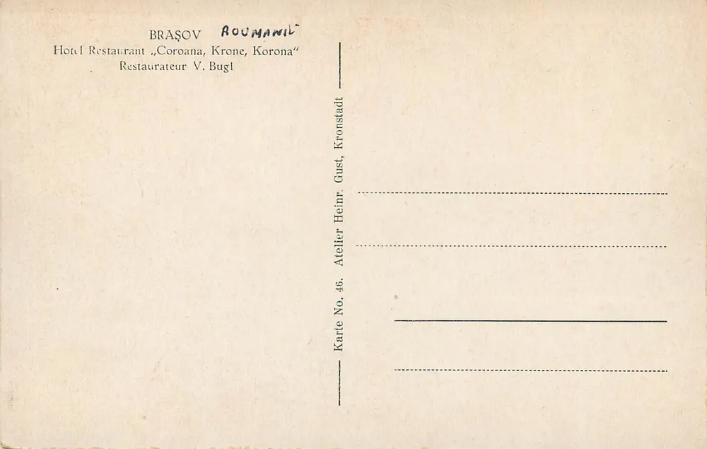 Terraza del restaurante del hotel Krona en Brașov — Taller No. 46 — editor Heinr. Bugl - Reverso