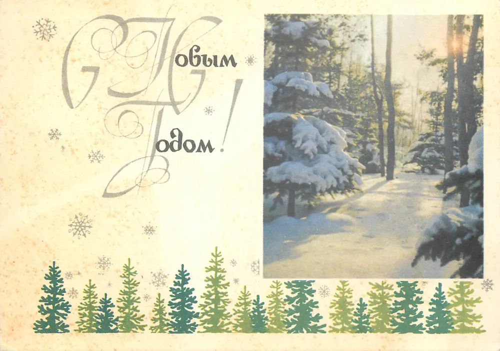 Floresta nevada — Carte postale de vœux de Ano Novo — Edição da União Soviética - Frente
