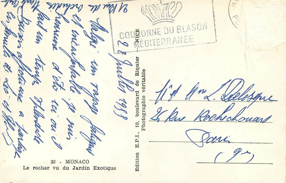 O rochedo visto do Jardim Exótico — Mônaco — Edição E.P.I., 19, boulevard de Biquier, Nice - Verso