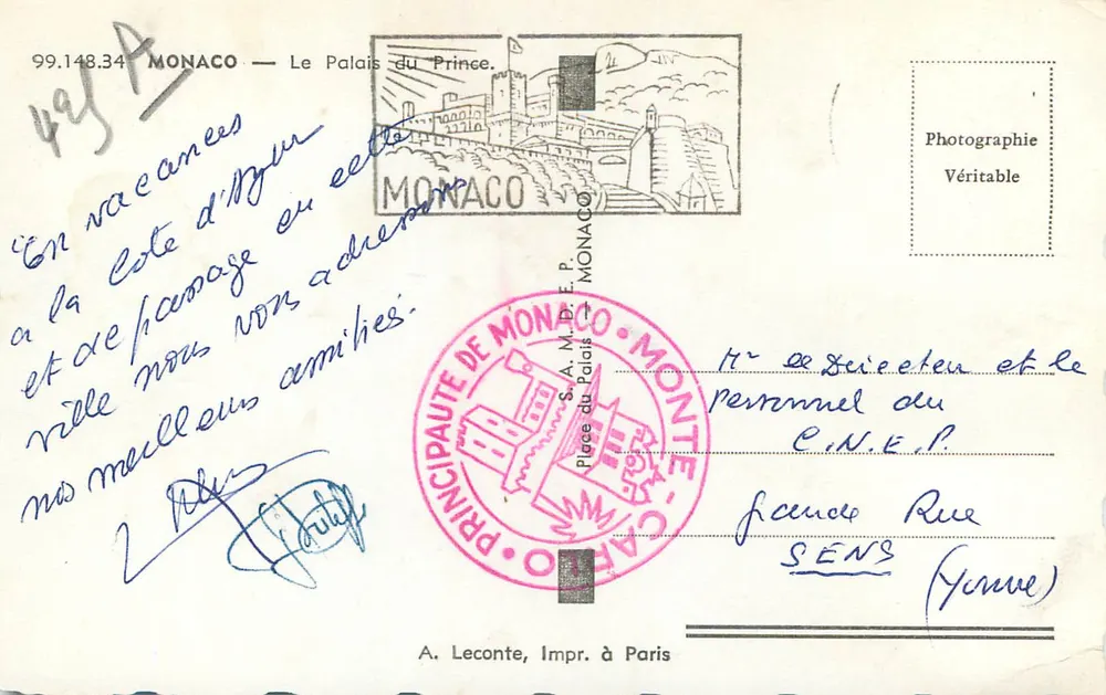 Palácio do Príncipe — Mônaco — A. Leconte, Impresso em Paris - Verso