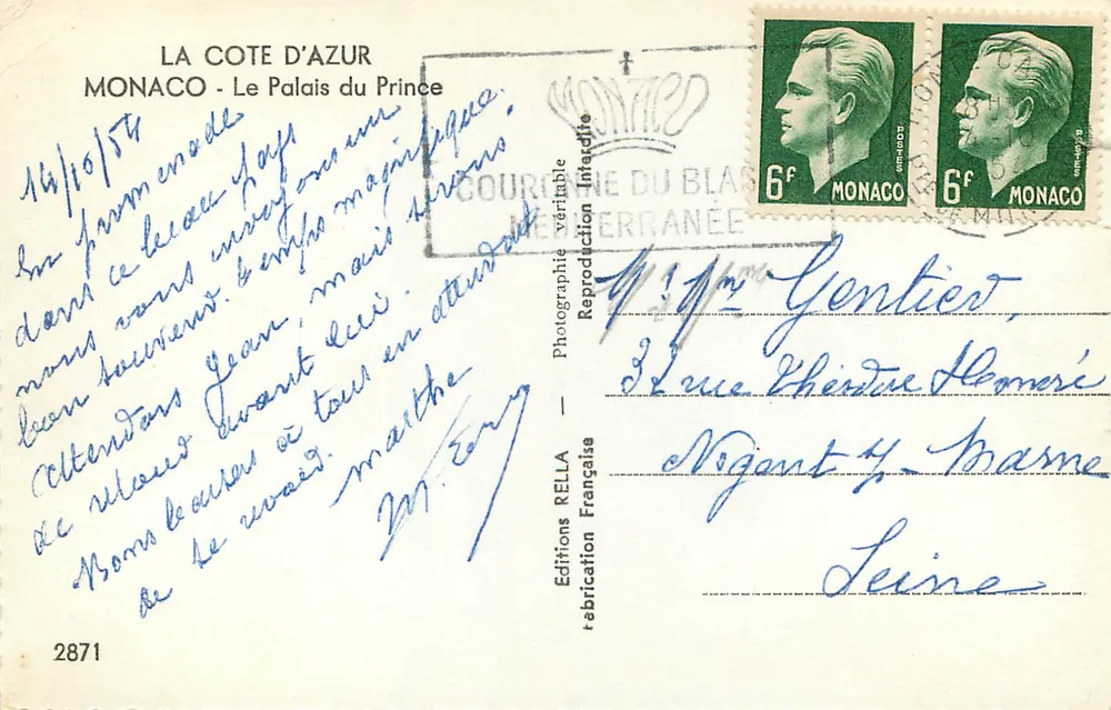 Mônaco - O Palácio do Príncipe — Edições Rella, n°2871 - Verso