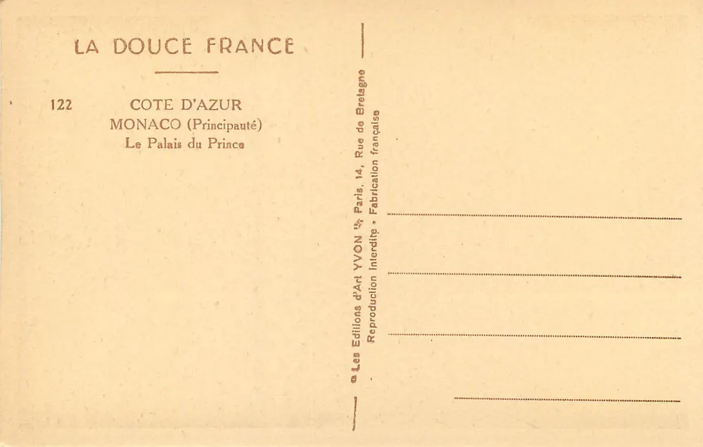 O Palácio do Príncipe — Mônaco (Principado) — Edições de Arte YVON - Verso