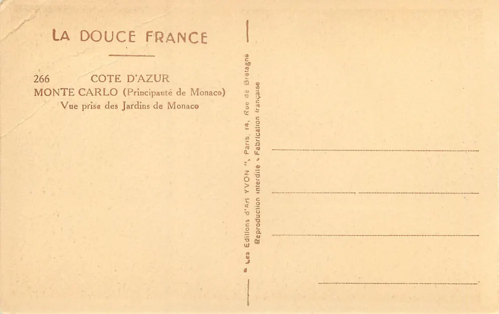 Monte Carlo — Ansicht aus den Gärten von Monaco — Editions YVON - Rückseite