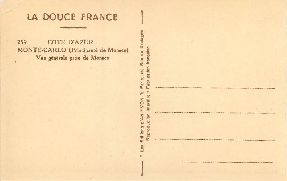 Monte-Carlo — Vue générale prise de Monaco — Éditions d'Art YVON - Verso