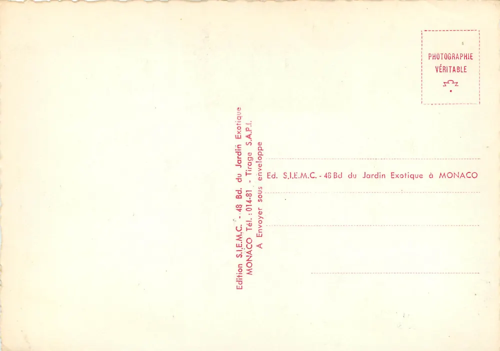 Princesa Grace e Príncipe Rainier III — casamento — edição S.I.E.M.C. - 48 Bd du Jardin Exotique, Mônaco - Verso