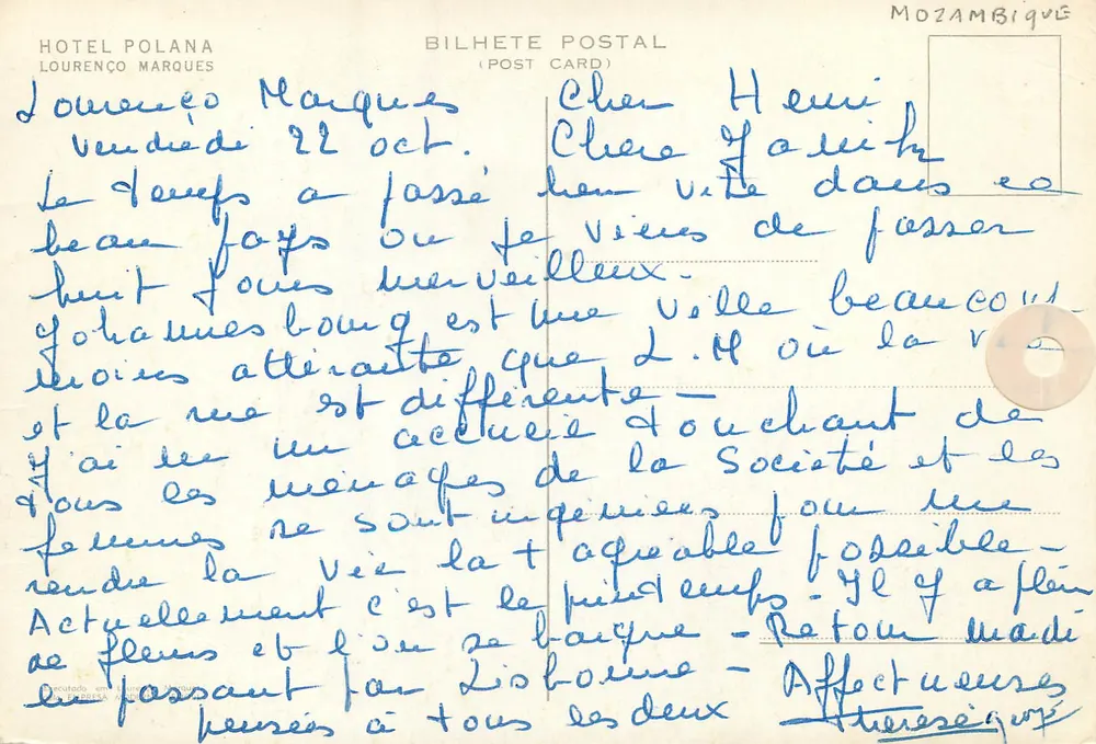 Hotel Polana Lourenço Marques — Moçambique — editor Bilhete Postal - Verso