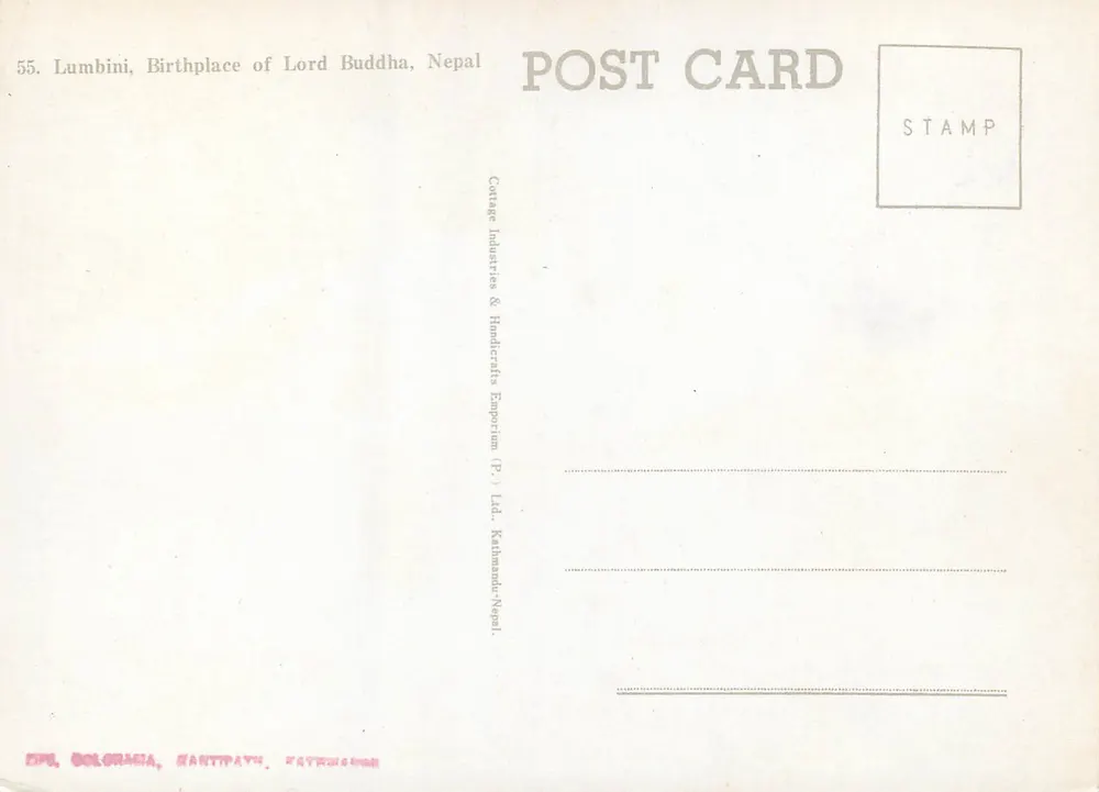Lumbini, Geburtsort des Lord Buddha, Nepal — Verlag Cottage Industries & Handicrafts Emporium (P) Ltd. Katmandou Nepal, Nr. 55 - Rückseite