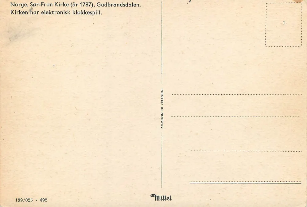 Sør-Fron Kirke — Gudbrandsdalen — Mittel, n° 139/025 - 492 - Verso