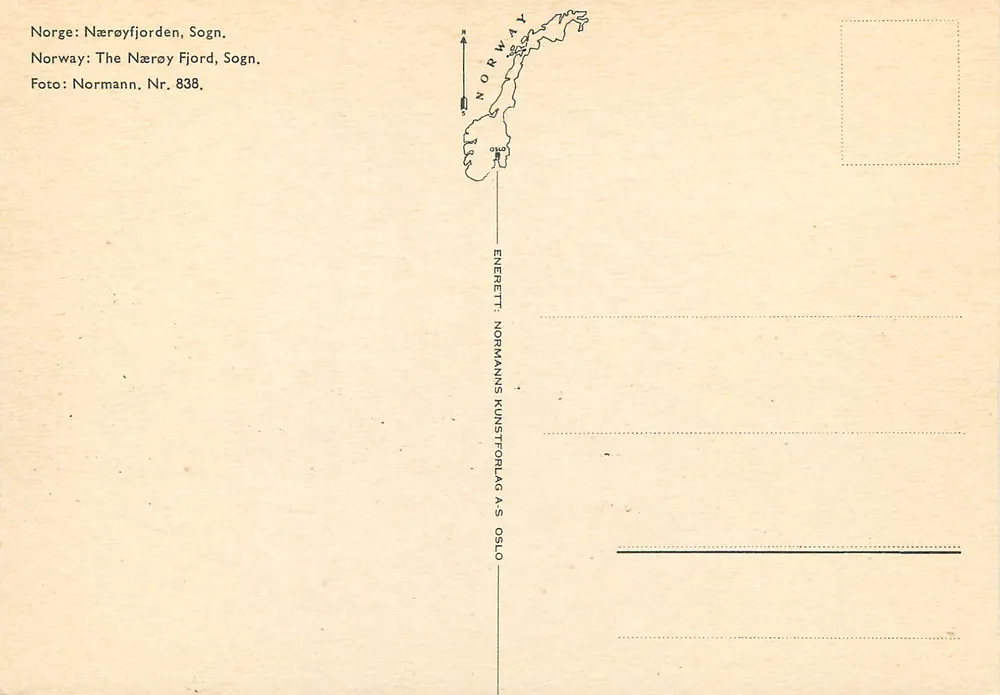 Nærøyfjorden, Sogn — Norvège — éditeur Normanns Kunstforlag AS Oslo, n° 838 - Verso