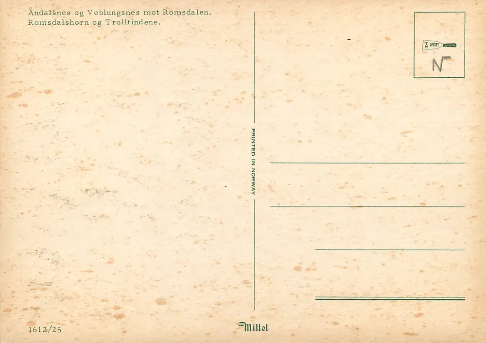 Åndalsnes et Veblungsnes face à Romsdalen — Monts Romsdalshorn et Trolltindene — Millet, n°1612/25 - Verso