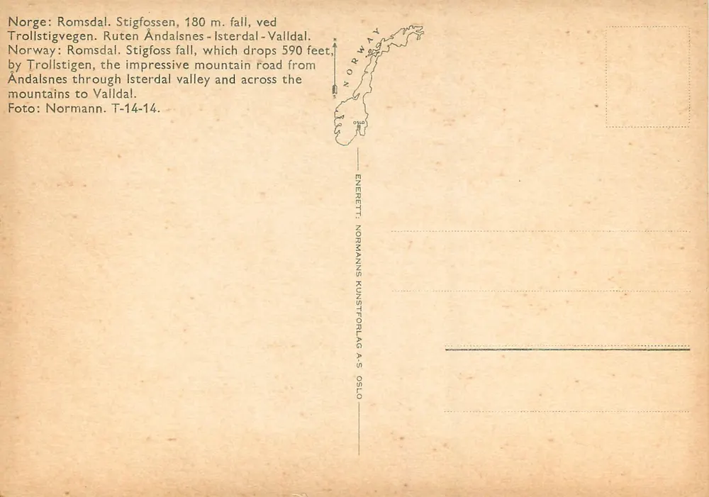 Stigfossen — chute de 180 mètres — Normanns Kunstforlag A/S, série T-14-14 - Verso