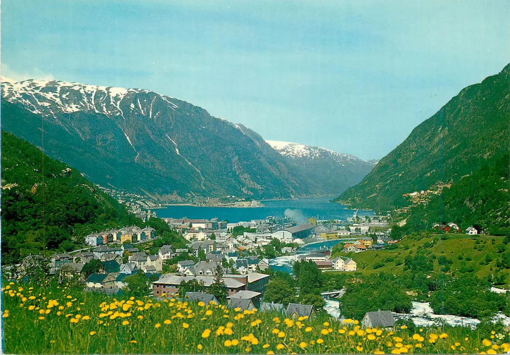 Odda, Hardanger — vista panorâmica — Normanns Kunstforlag A/S, série O-47-51 - Frente