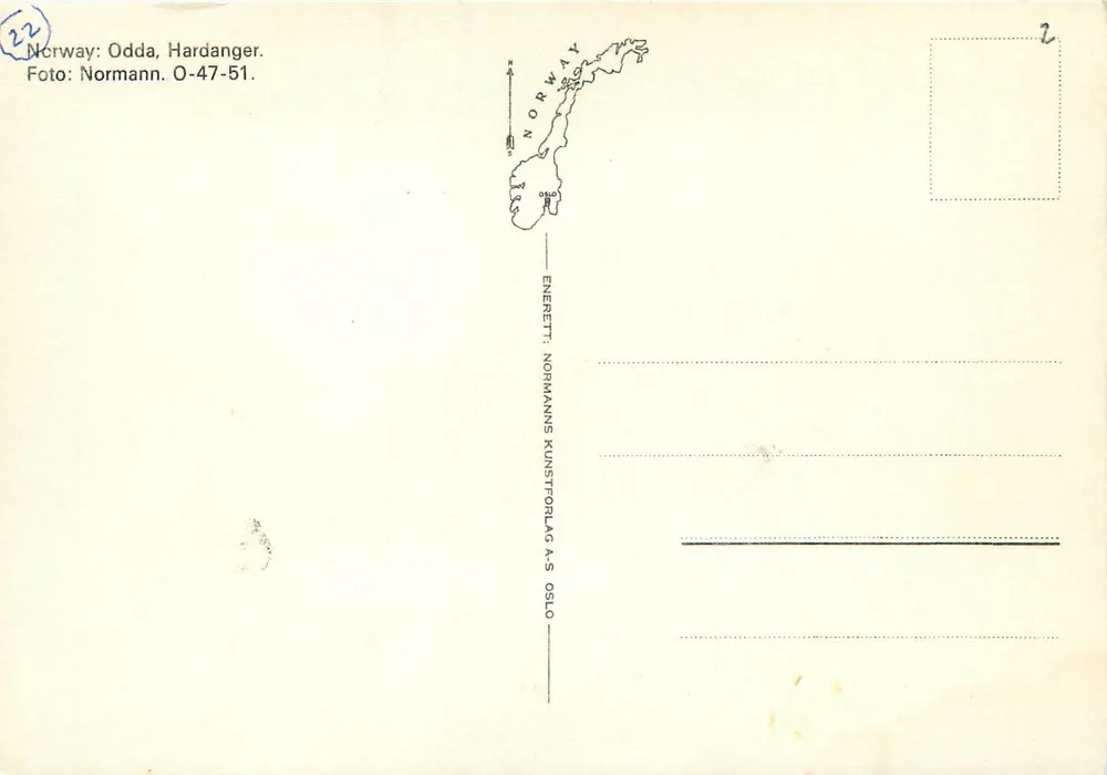 Odda, Hardanger — vista panorâmica — Normanns Kunstforlag A/S, série O-47-51 - Verso