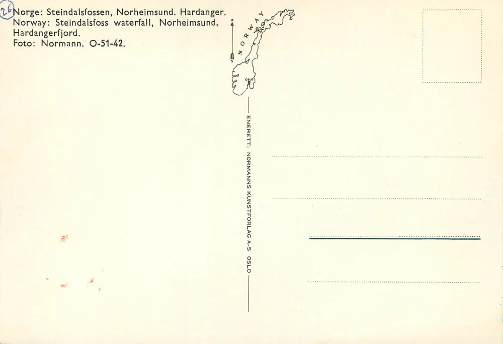Steindalsfossen — Norheimsund, Hardanger — Normanns Kunstforlag A/S Oslo - Achterkant