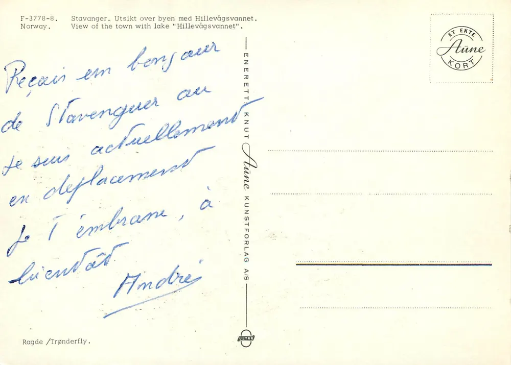 Stavanger — Luftbild mit dem See Hillevågsvannet — Verlag Aune Kunstforlag AS, Nr. F-3778-8 - Rückseite