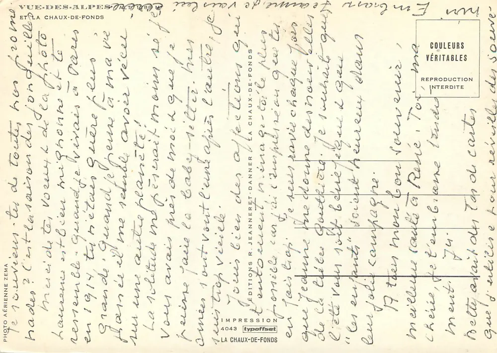 Vue-des-Alpes — Vue aérienne — Éditions R. Jeanneret-Danner, n°4043 - Verso