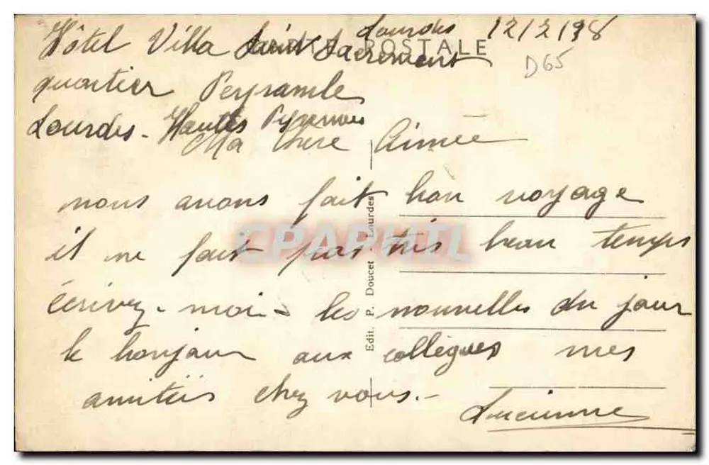 LOURDES - La Basilique, vue du Château Fort - P.D. n°56 - Verso
