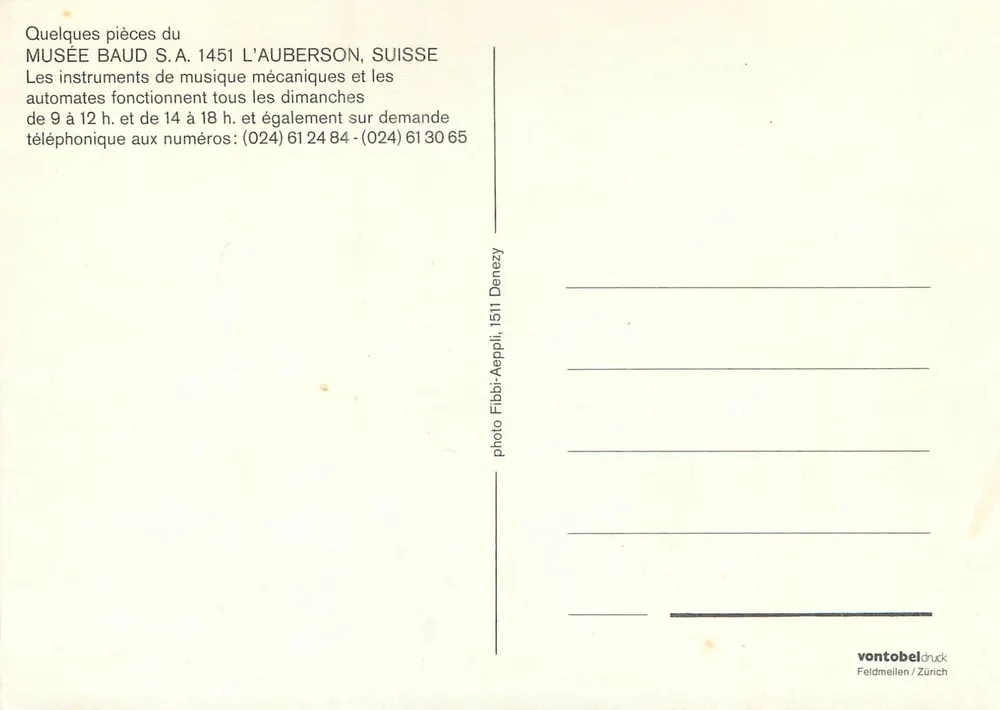 Museu Baud S.A. — Instrumentos e automatos mecânicos — vontobel druck / Feldmeilen / Zürich - Verso