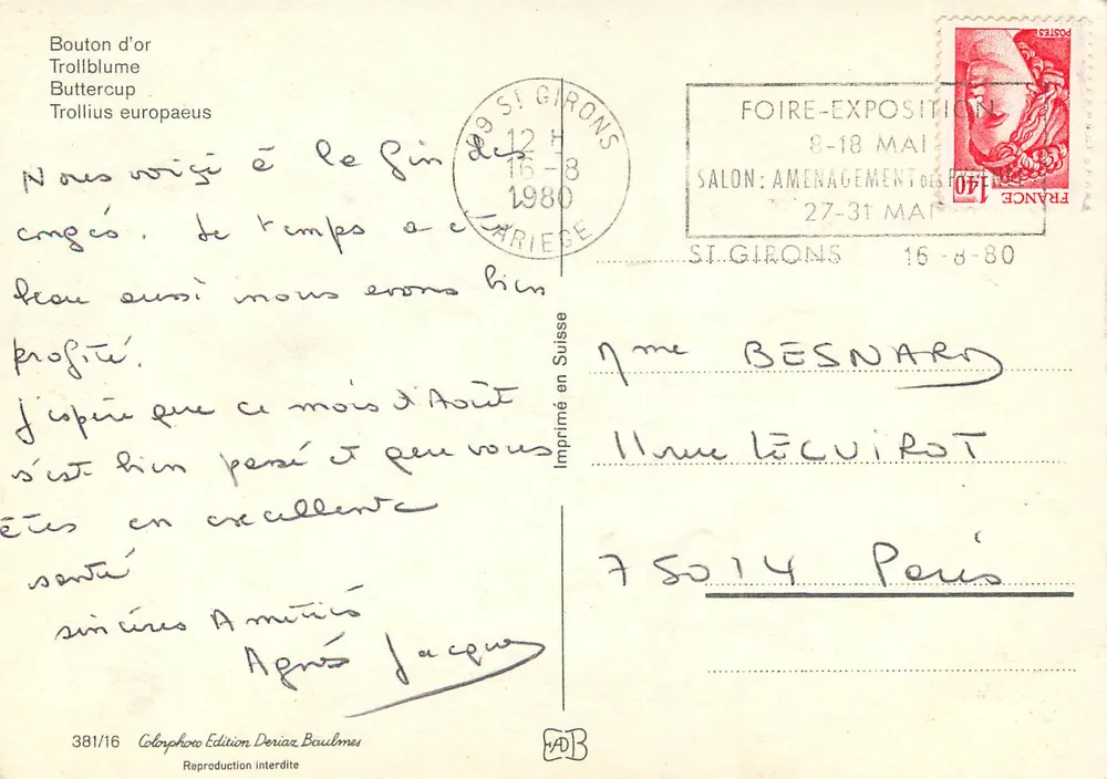 Bouton d'or — Trollblume — edição Deriaz Boulme, n°381/16 - Verso