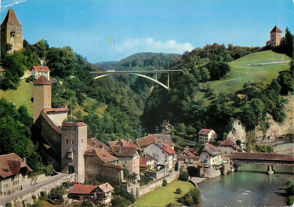 Fribourg und die Sarine — Brücke Gotfèron und Überbrücke — Edition Pérochet, Lausanne - Vorderseite