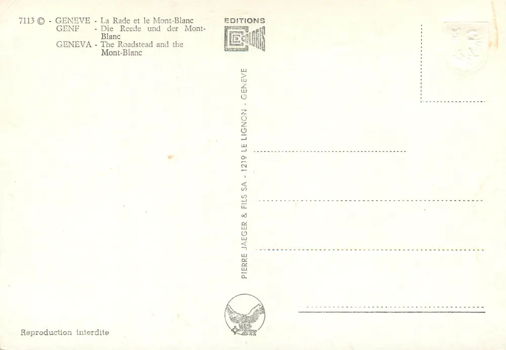 Genebra - A Baía e o Monte-Blanco — Éditions Pierre Jaeger & Fils SA, n° 7113 - Verso