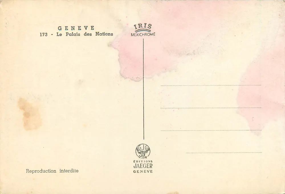 O Palácio das Nações — Genebra — Edições Jaeger n°173 - Verso