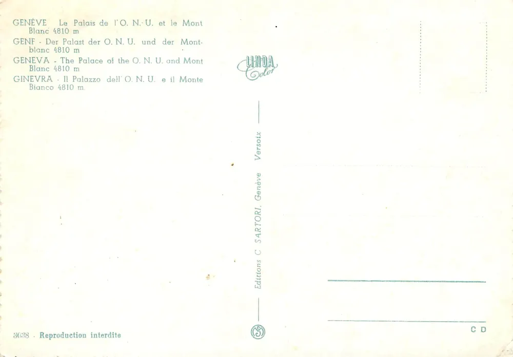 Palais des Nations et le Mont-Blanc — Genève — Éditions C. Sartori, n° 3638 - Verso